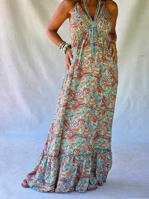 Dress Long Silk Paisley - Menthe & Terracotta