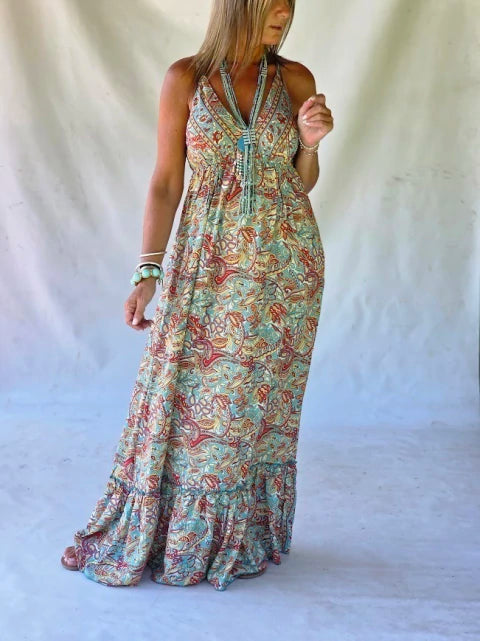 Dress Long Silk Paisley - Menthe & Terracotta
